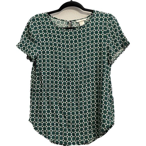 H&M Work Ready Blouse Lightweight Geometric Green Short Sleeve Womens Size 4 Sm - Picture 1 of 3